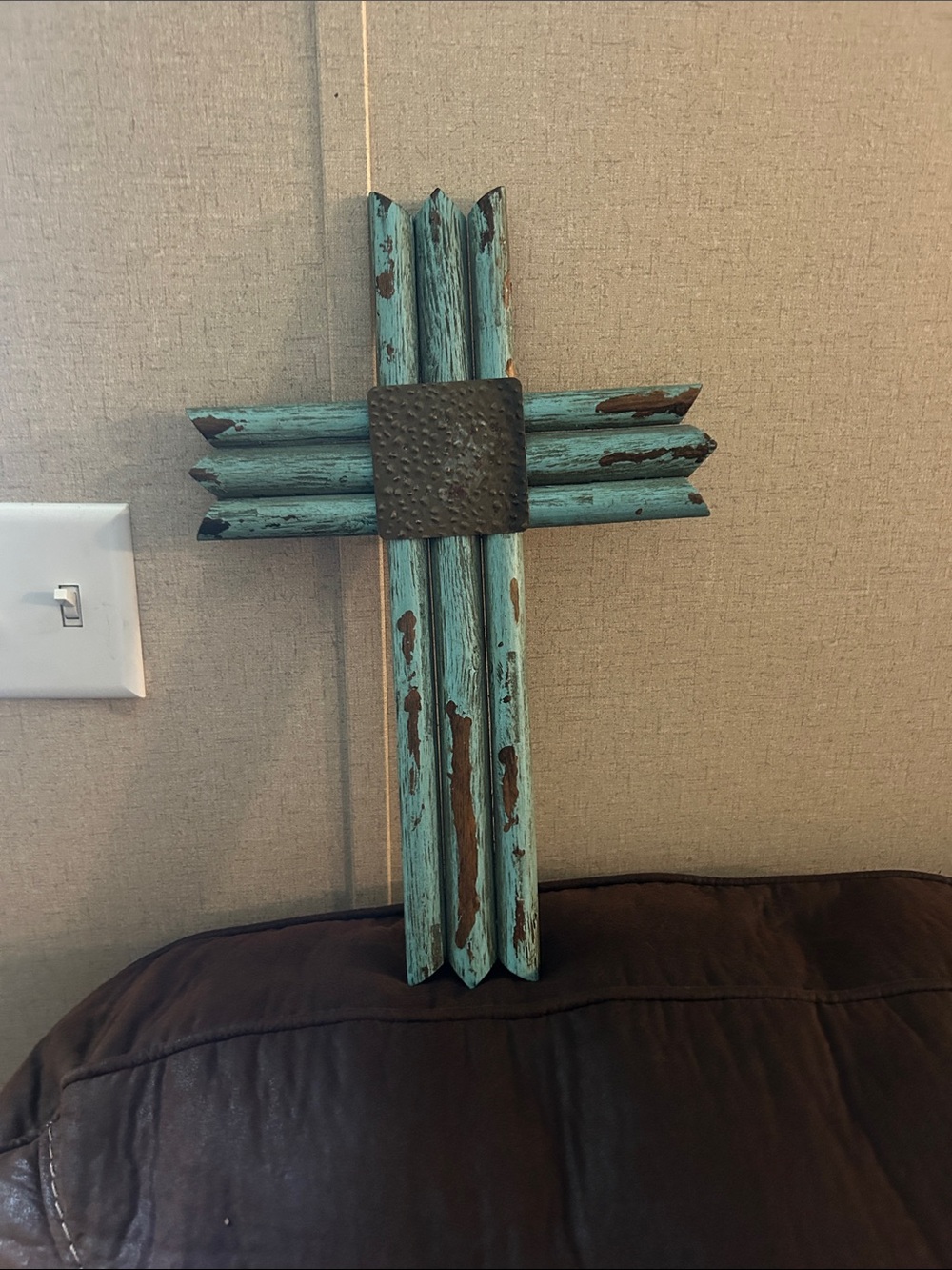Rustic Turquoise Wood Cross Wall Accent - Unbranded